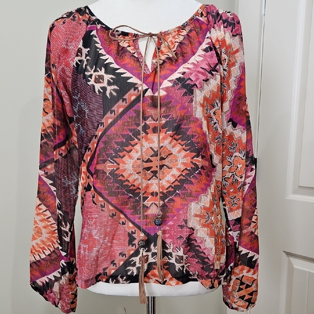 Pink and Orange Tie Front Blouse with Relaxed Sleeves